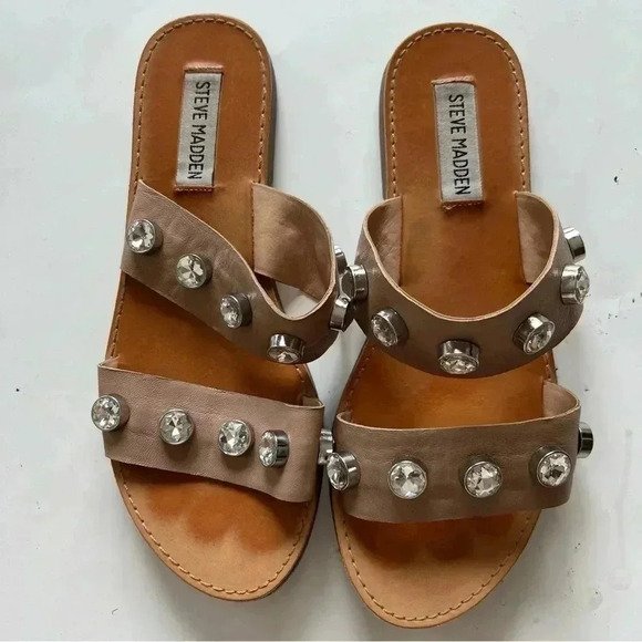 Steve Madden Jessy Rhinestones double strap slip on Leather Tan Sandals… - Picture 9 of 9
